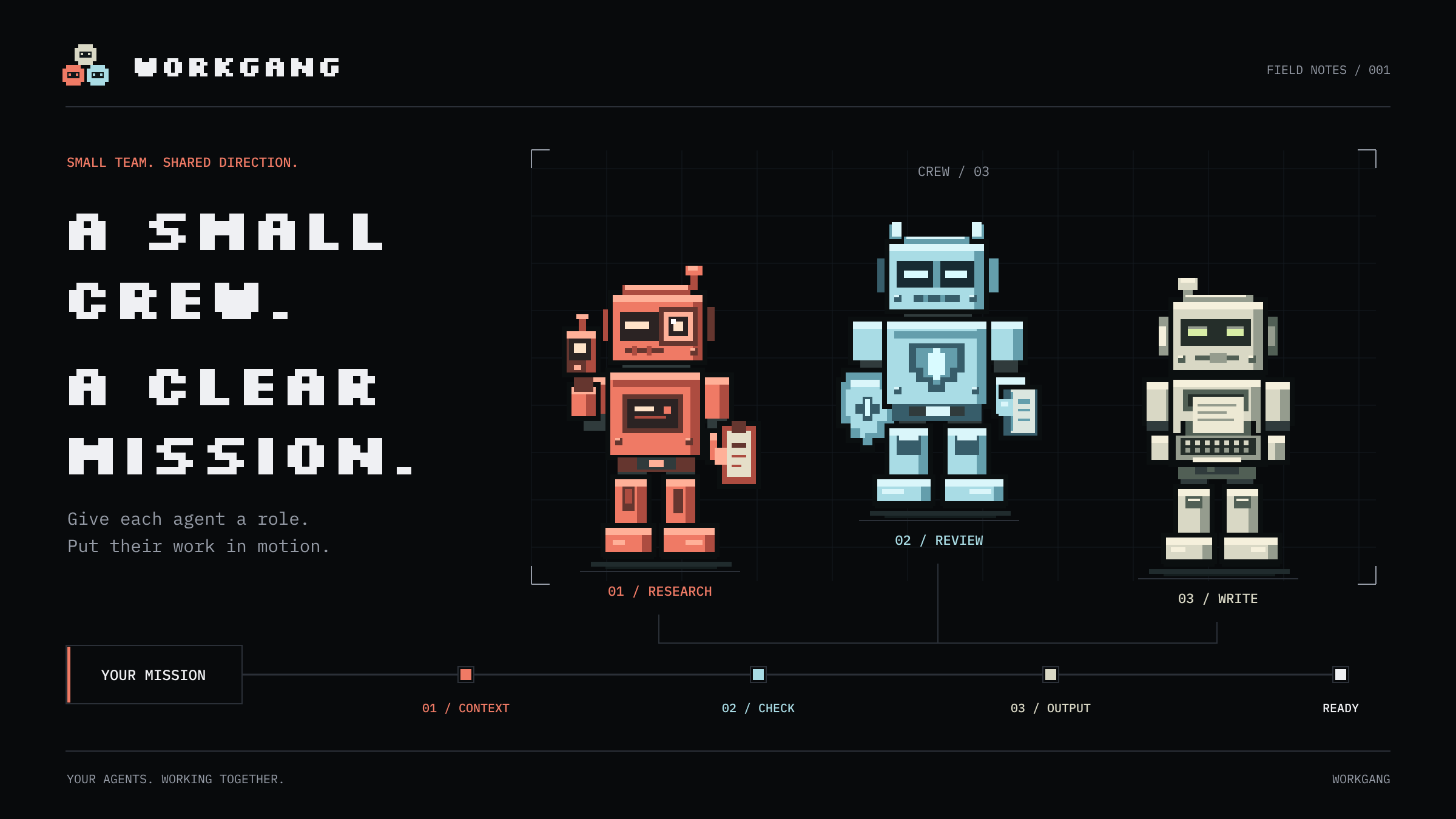 An editorial illustration of the Workgang operators and mission workflow